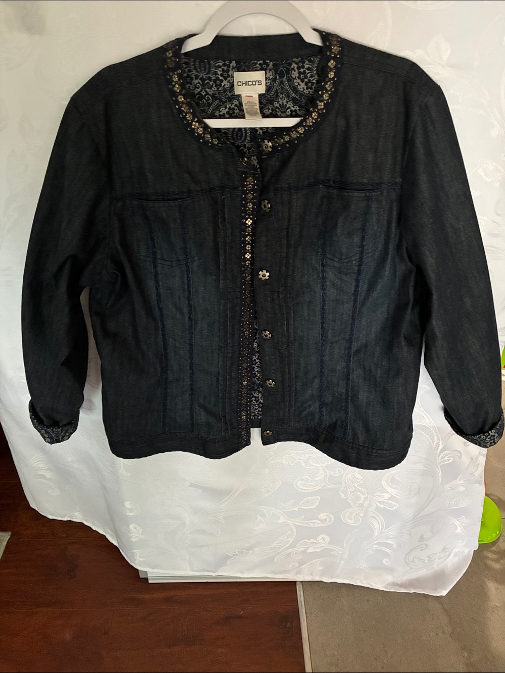 Chico's Navy Blue  Embellished Round-Neck Denim Jacket